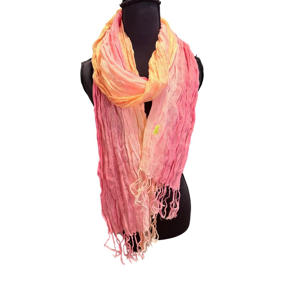 Polo Ralph Lauren 100% linen peach pink pleated crinkle scarf preppy fringe